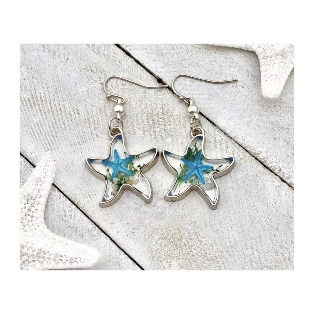 Deep in the‎ Ocean Starfish Earrings Dangle Drop Beach Lover Gift Silver Tone